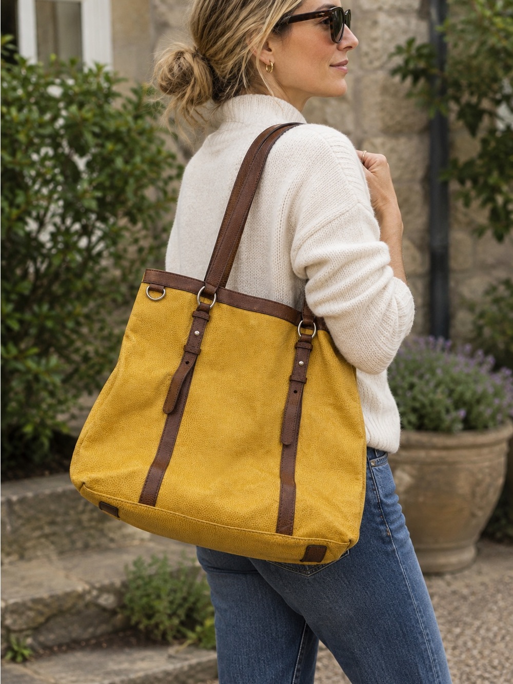 Banana Republic Vintage leather Yellow Tote with Brown Trim Details